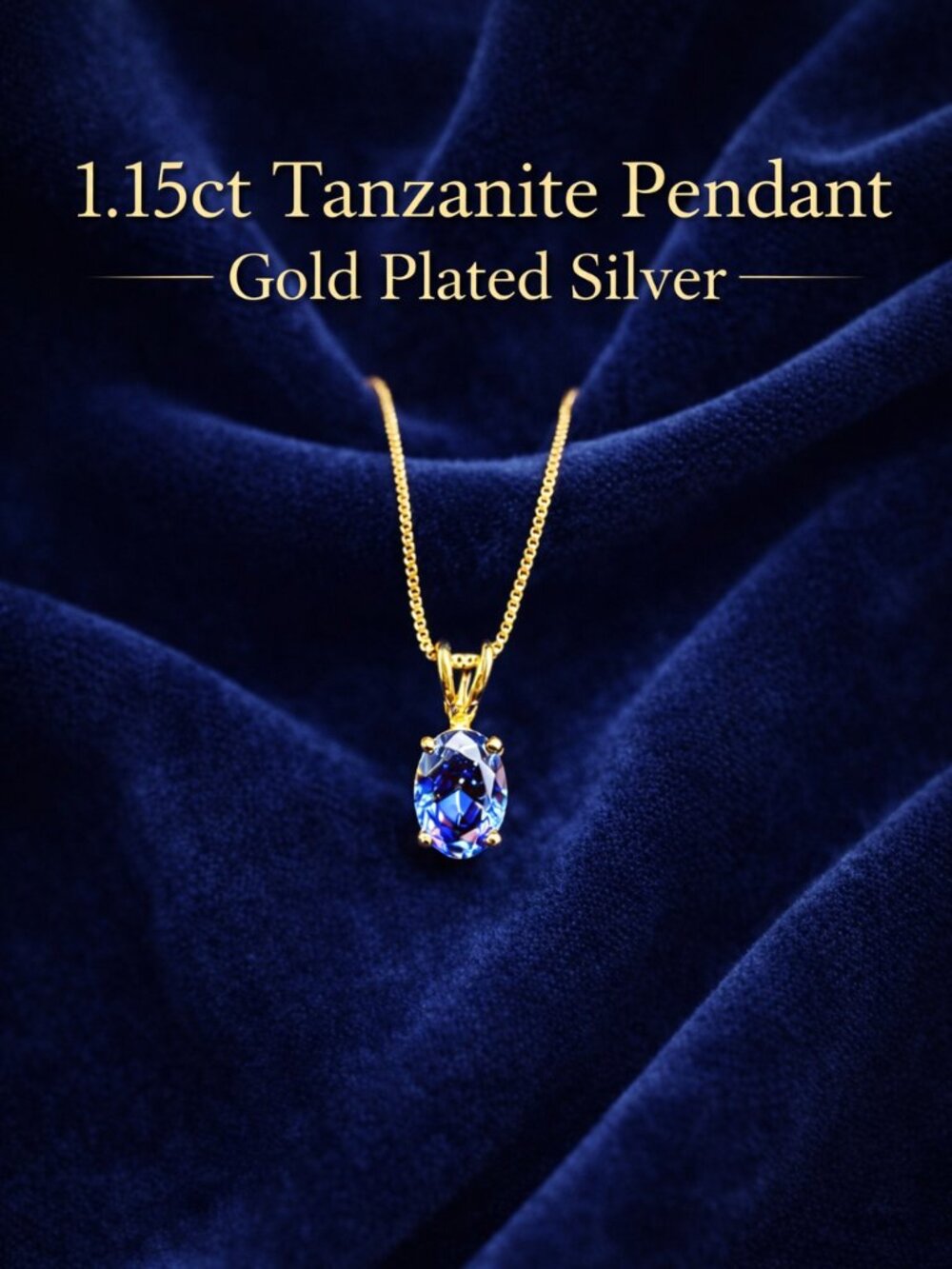 1.15ct Tanzanite Pendant Gold Plated Silver, Oval Blue Purple Gemstone Pendant,